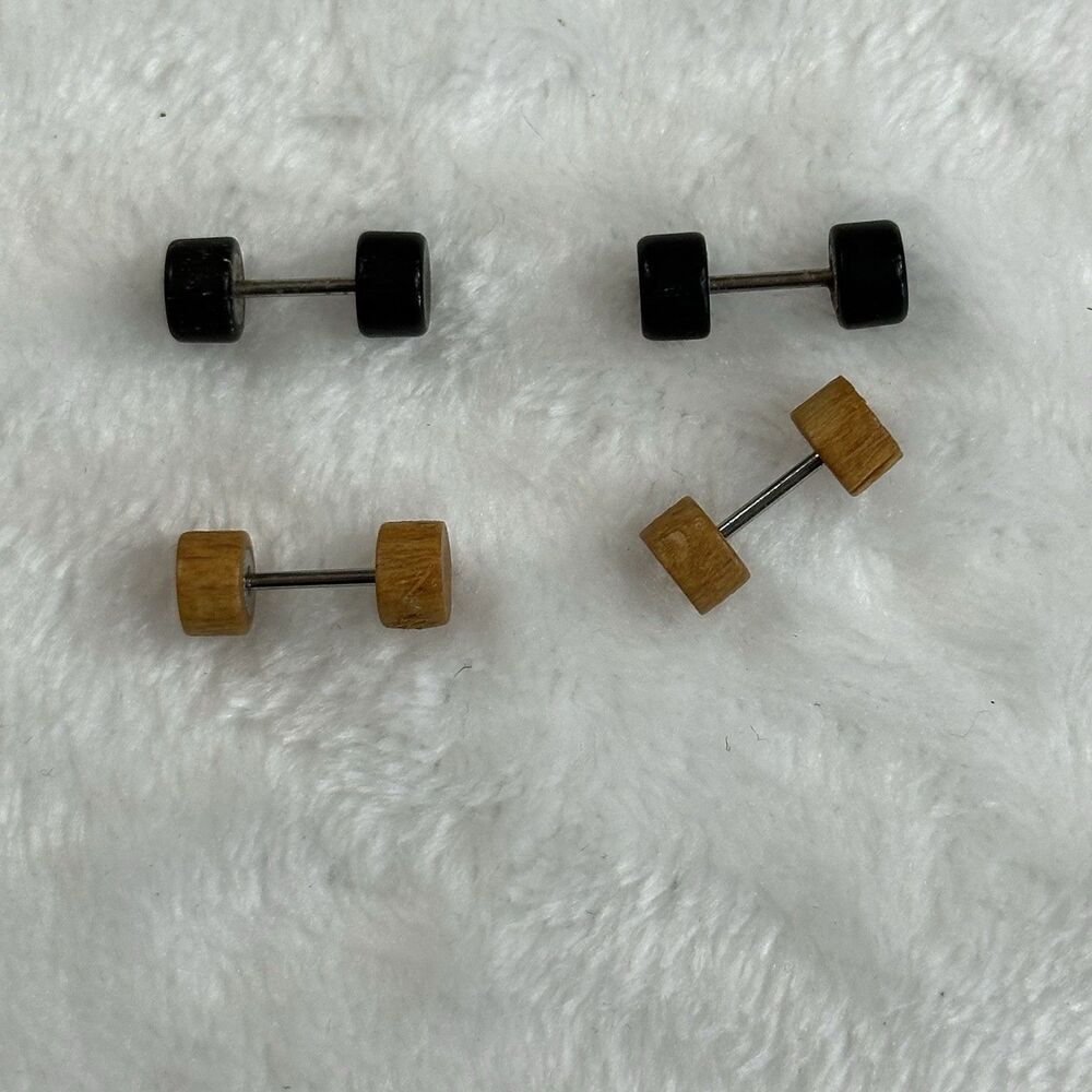 Barbell Stud Earrings Lot Wood & Black Dumbbell Style Unisex Minimalist‎ Gauges - Picture 2 of 4